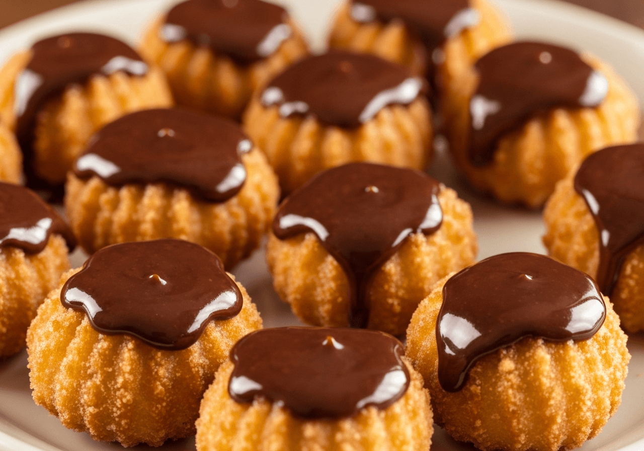 Churro bites with dark chocolate ganache and strawberry topping