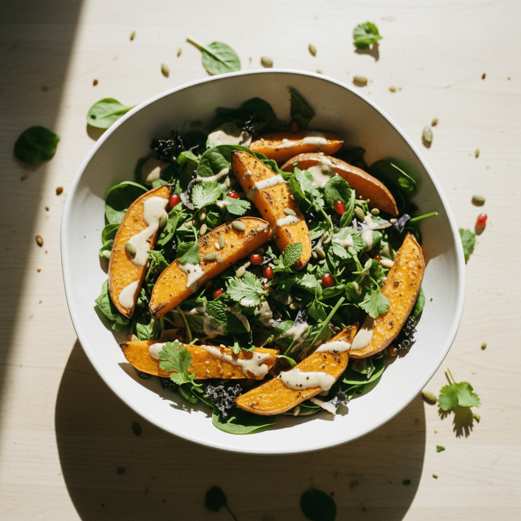 Roasted Sweet Potato Wedges Salad with Lemon-Herb Vinaigrette