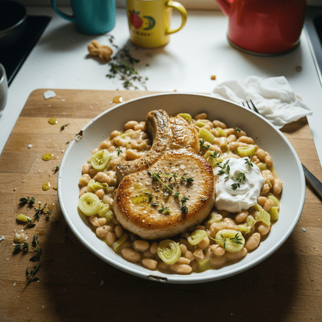 Golden Pan-Seared Pork Chop with Creamy Gruyere Leek and Butter Beans