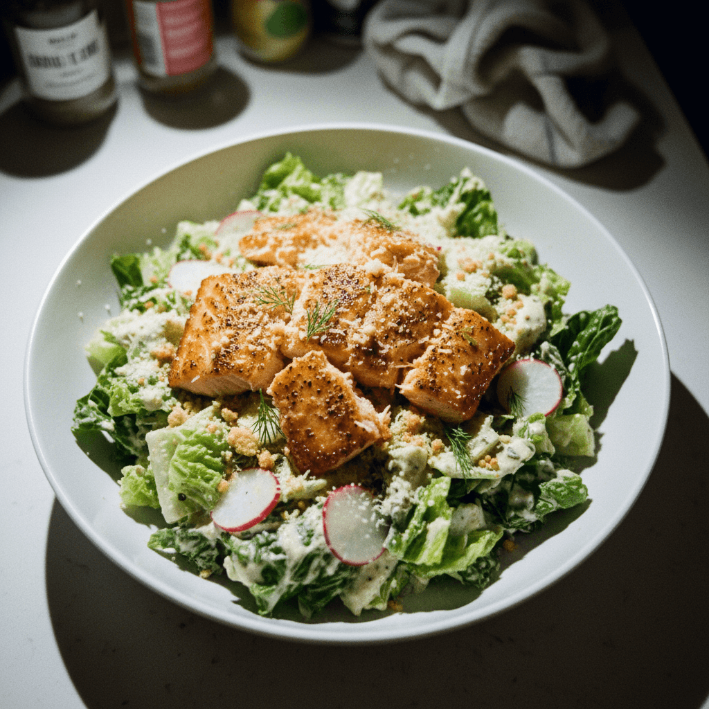 Miso Caesar Salmon Salad with Guzz Sauce