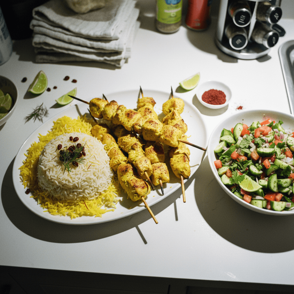 Persian Inspired Chicken Skewers with Rice and Shirazi Salad