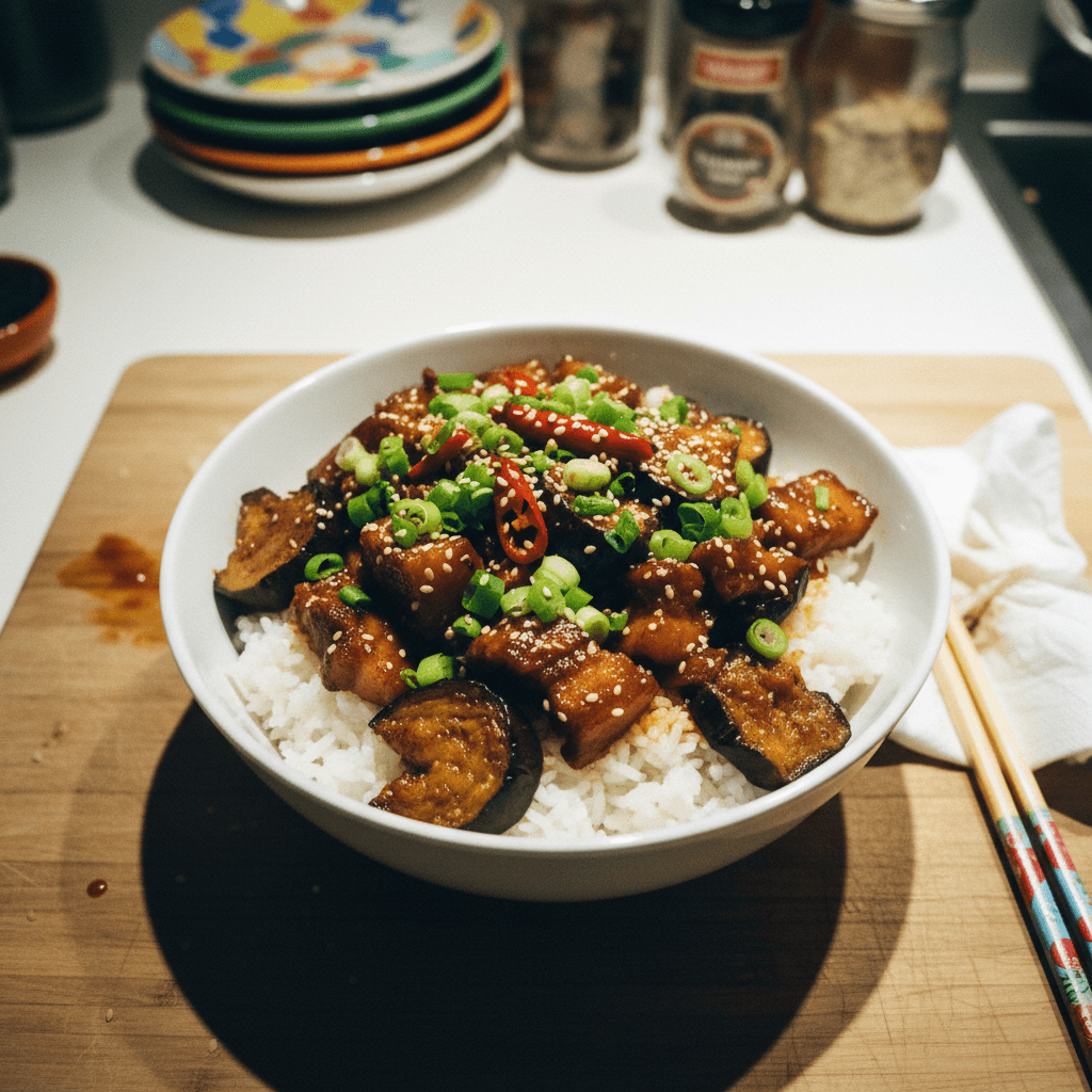 Asian Braised Pork with Roasted Eggplant and Rice