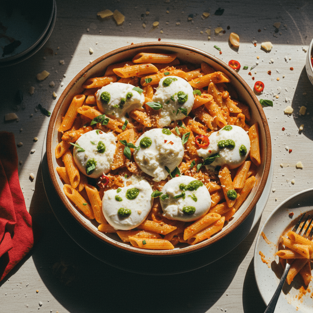 Garlic Butter Pasta alla Vodka with Melty Burrata