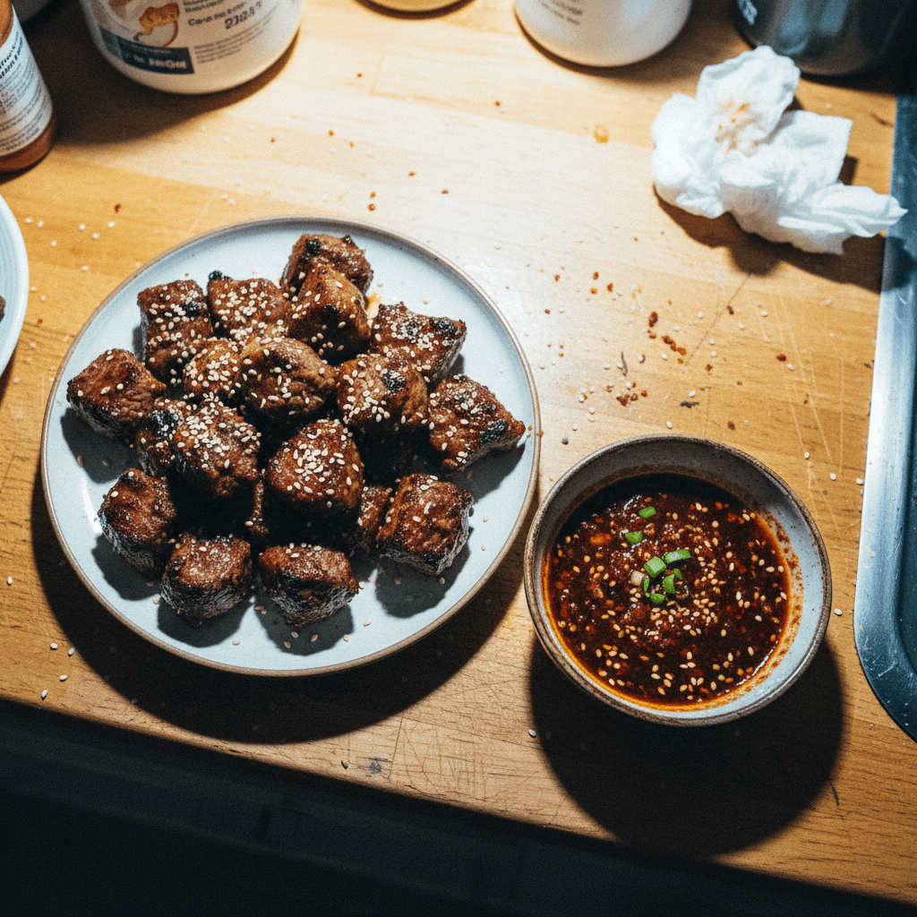 Korean BBQ Beef Cubes with Spicy Soy Dipping Sauce