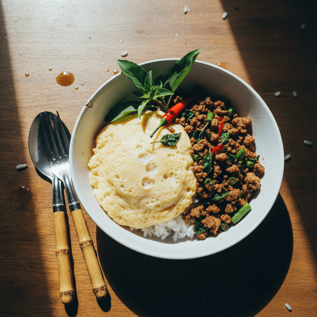 Thai Steamed Egg with Holy Basil Minced Pork (Khao Kai Toon Krapao Moo Sap)