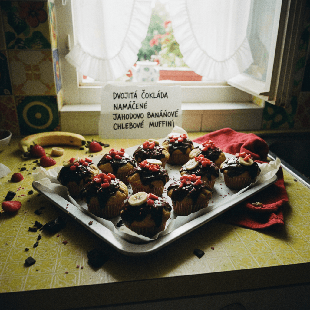 Muffiny z banánového chleba s dvojitou čokoládou, jahodami a banány