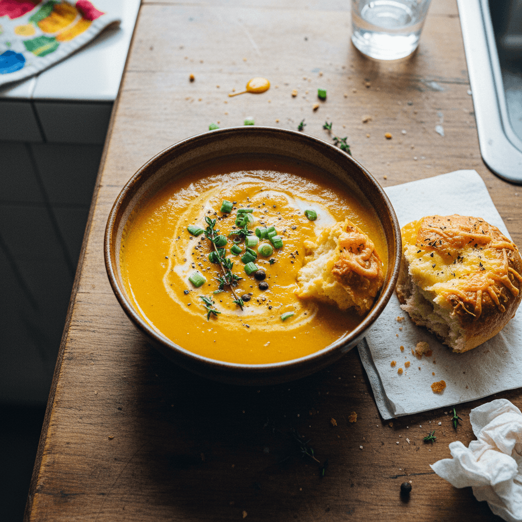 Jamaican Style Pumpkin & Carrot Soup with Cheesy Bread