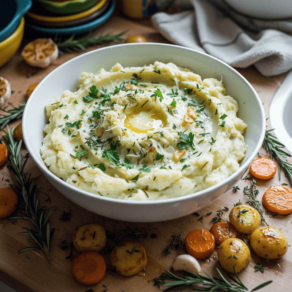 Herby Garlic Parmesan Mash with Roasted Honey-Glazed Root Vegetables