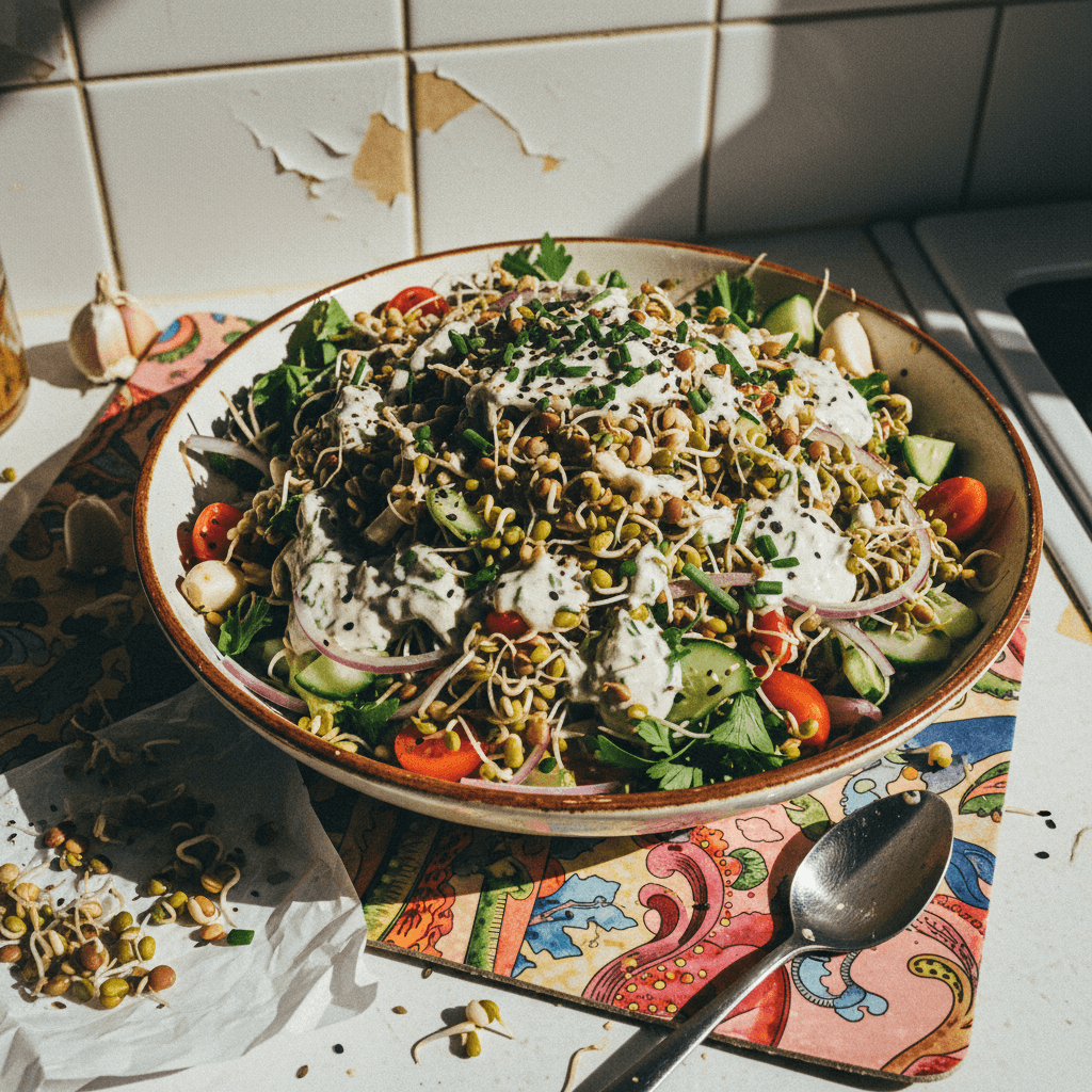 Sprouted Salad with Creamy Garlic Dressing