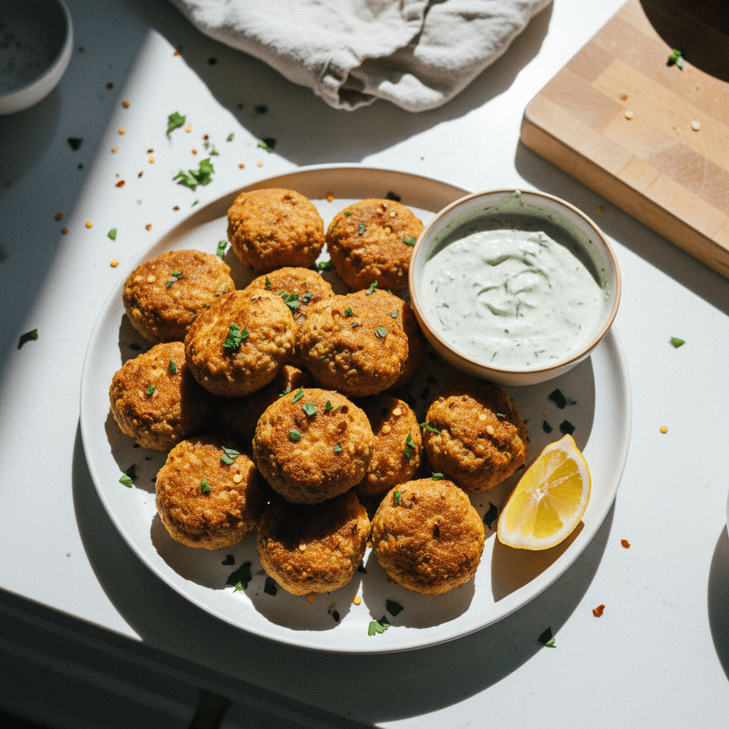 Crispy Organic Chicken Meatballs with Honey-Mustard Dipping Sauce