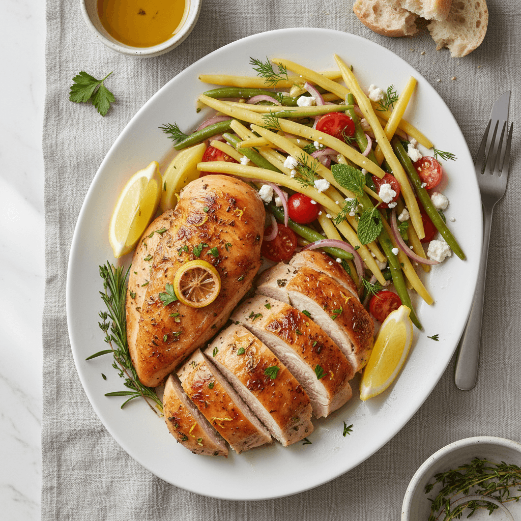 Lemon Herb Roasted Chicken with Wax Bean & Tomato Salad