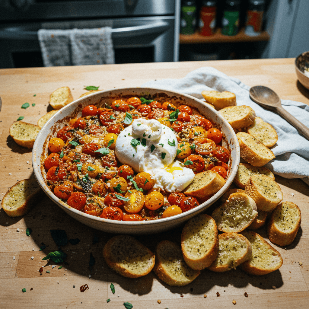 Roasted Tomato & Burrata Dip with Crispy Garlic Crostini