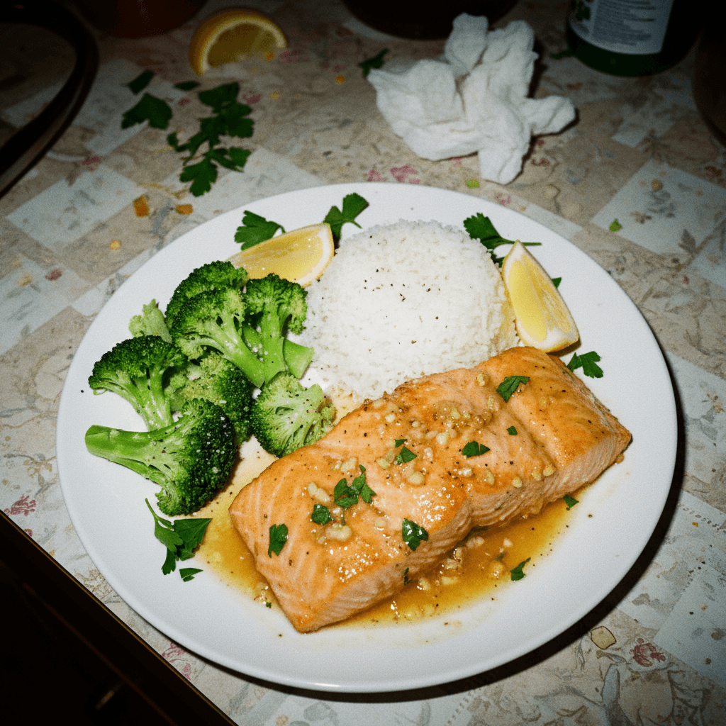 Honey Butter Garlic Salmon with White Rice and Broccoli