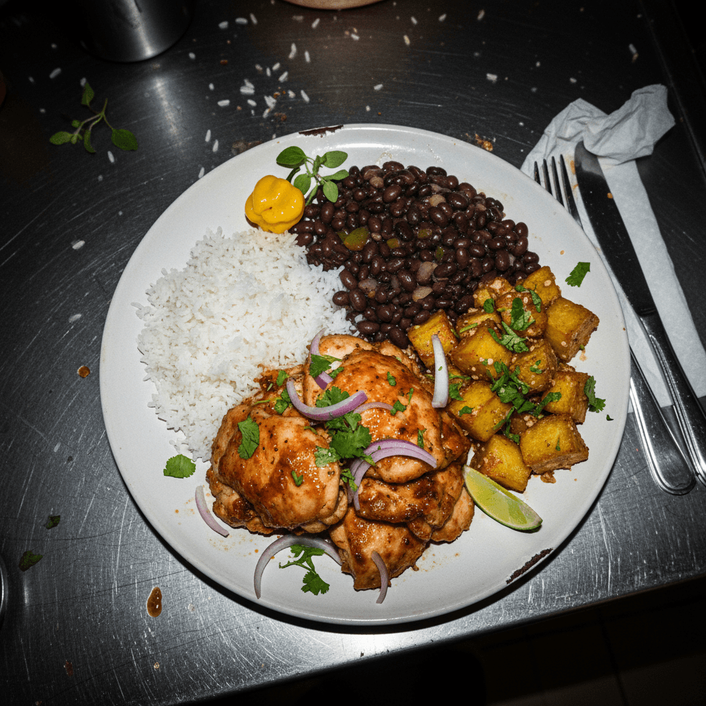 Cuban-Style Chicken, White Rice, Black Beans & Mojo Yuca