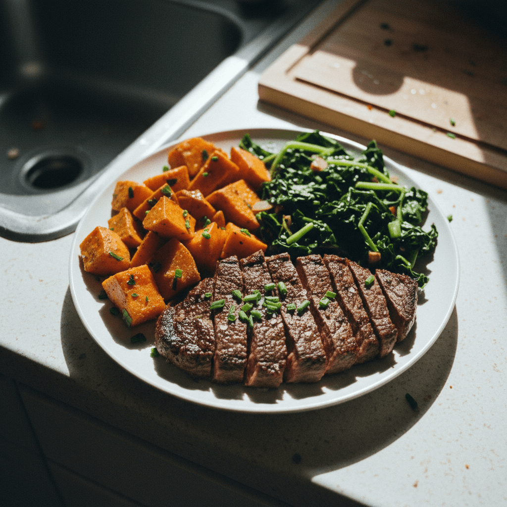 Lean Steak with Roasted Sweet Potatoes and Garlic Greens