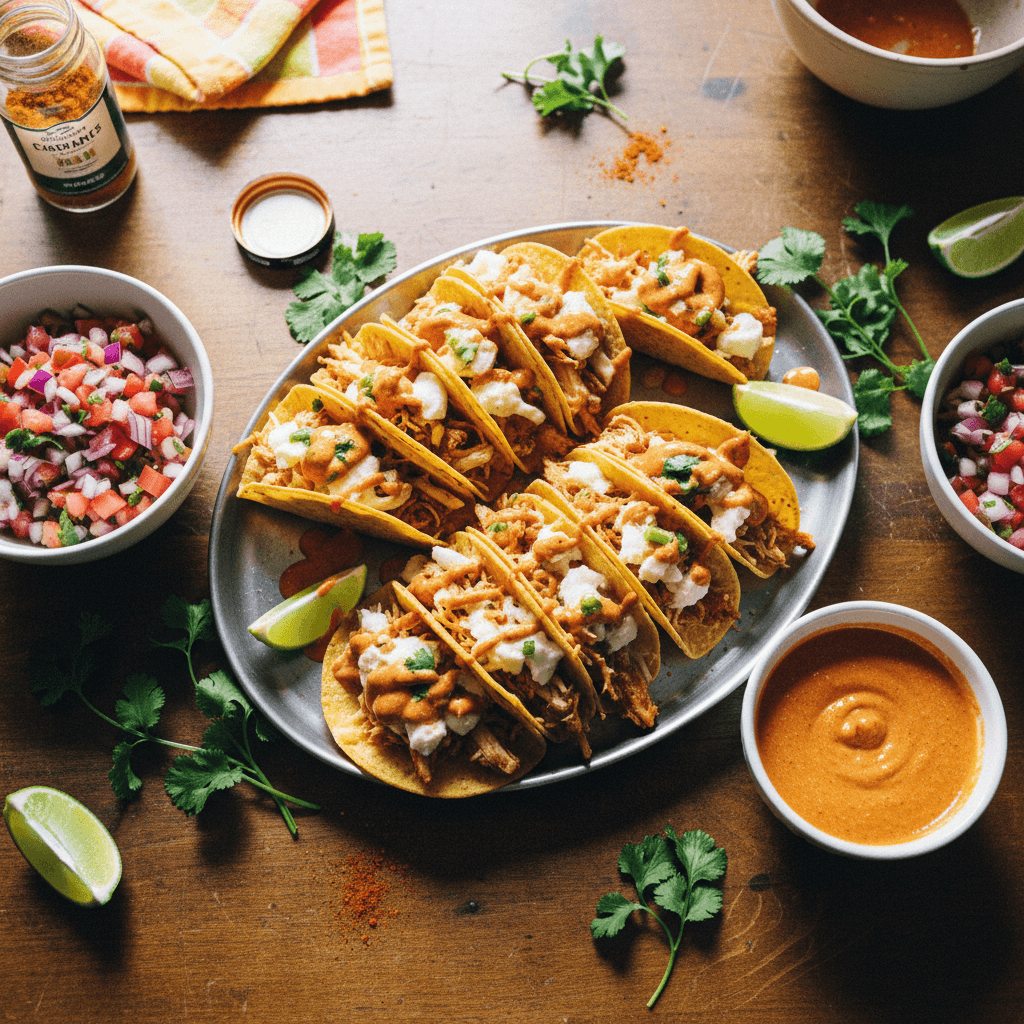 Crispy Chicken Tacos with Spicy Taco Sauce and Pico de Gallo