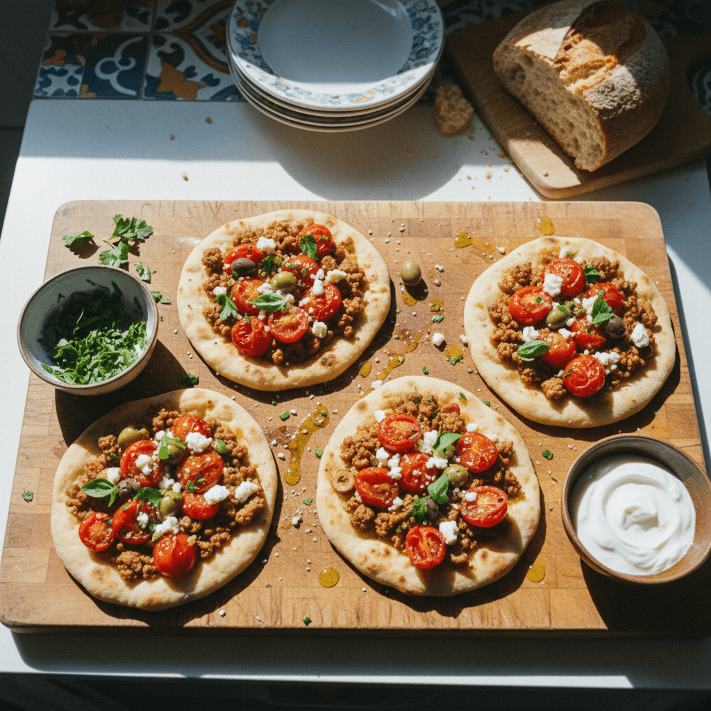 Mediterranean Turkey Naan Pizzas