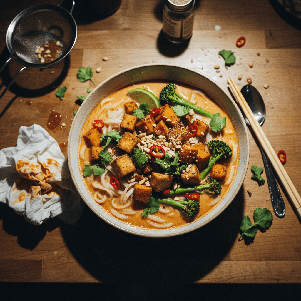Thai Coconut Noodle Soup with Crispy Tofu and Sweet Potato