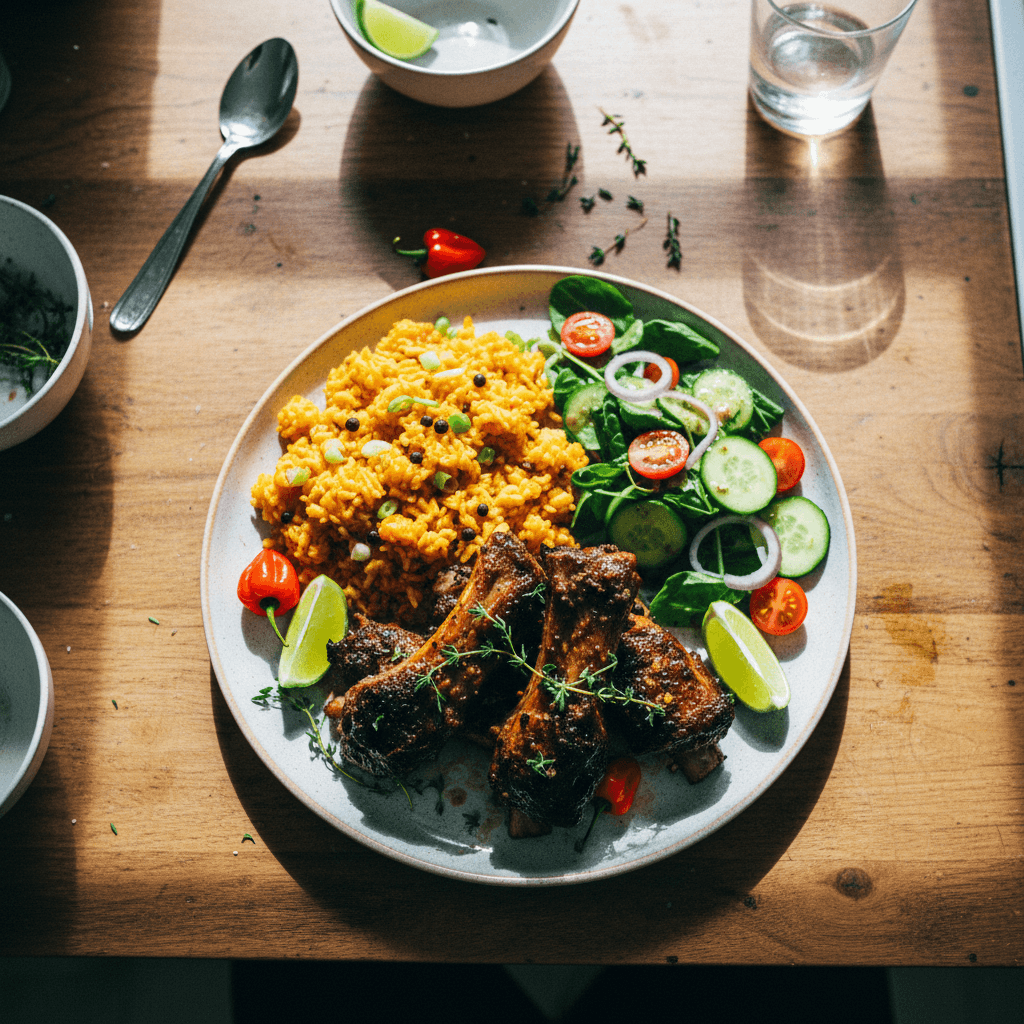 Jerk-Spiced Lamb Ribs with Pumpkin Rice and Fresh Salad