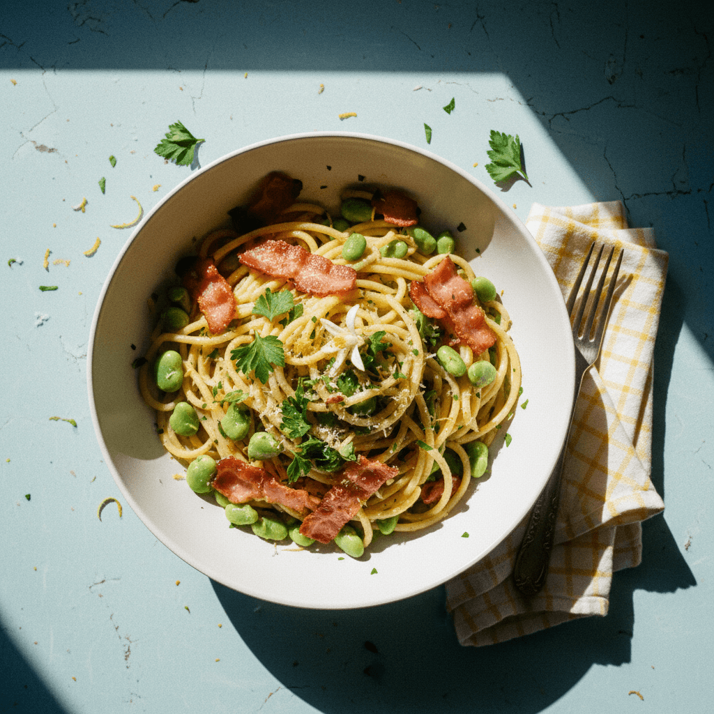 Lemon-Herb Bucatini with Crisp Bacon and Fava