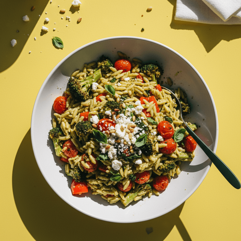 Creamy Erewhon Pesto Orzo with Roasted Veggies