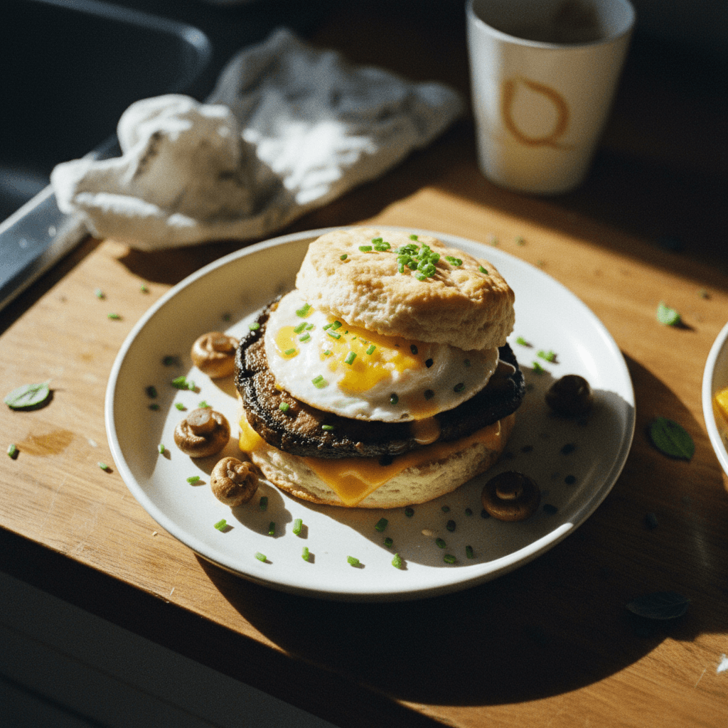 Mushroom Steak, Egg, and Cheese Biscuit