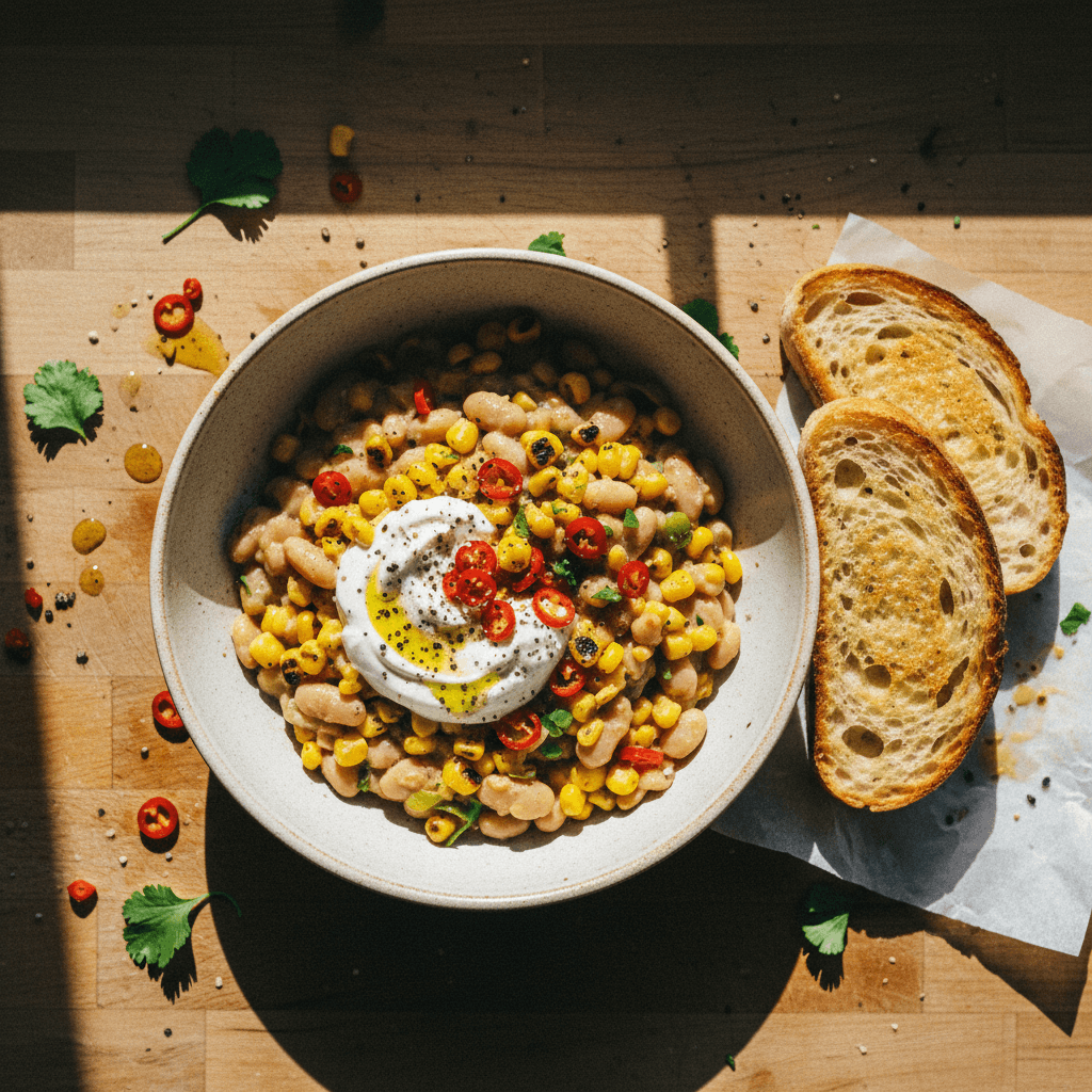 Leeky Beans with Corn & Chilli Salsa