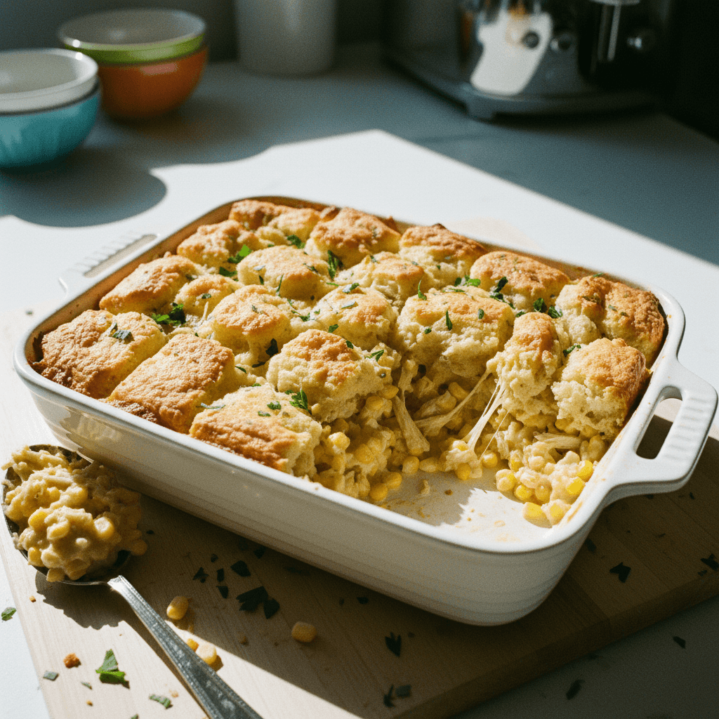 Creamy Chicken and Corn Casserole with Biscuit Topping