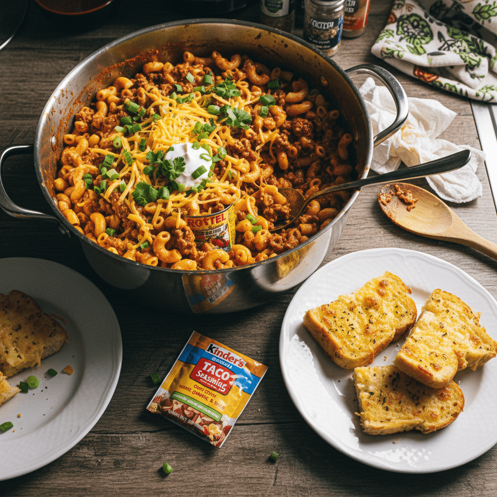 One-Pot Taco Mac with Cheesy Garlic Bread