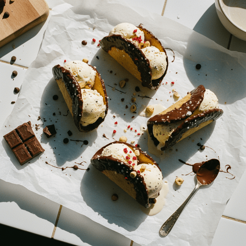 Salted Chocolate-Dipped Ice Cream Cookie Tacos