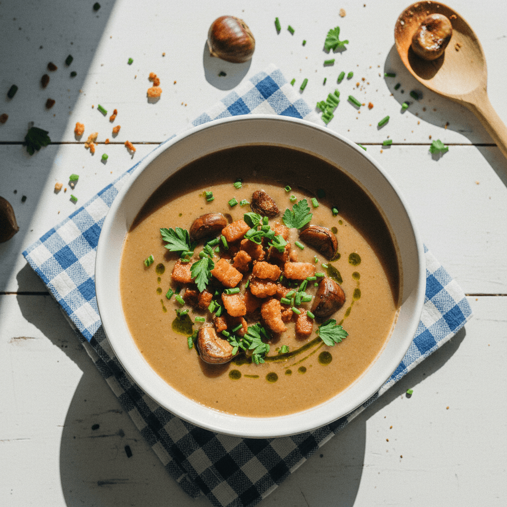Chestnut Soup with Crispy Pancetta and Herbs
