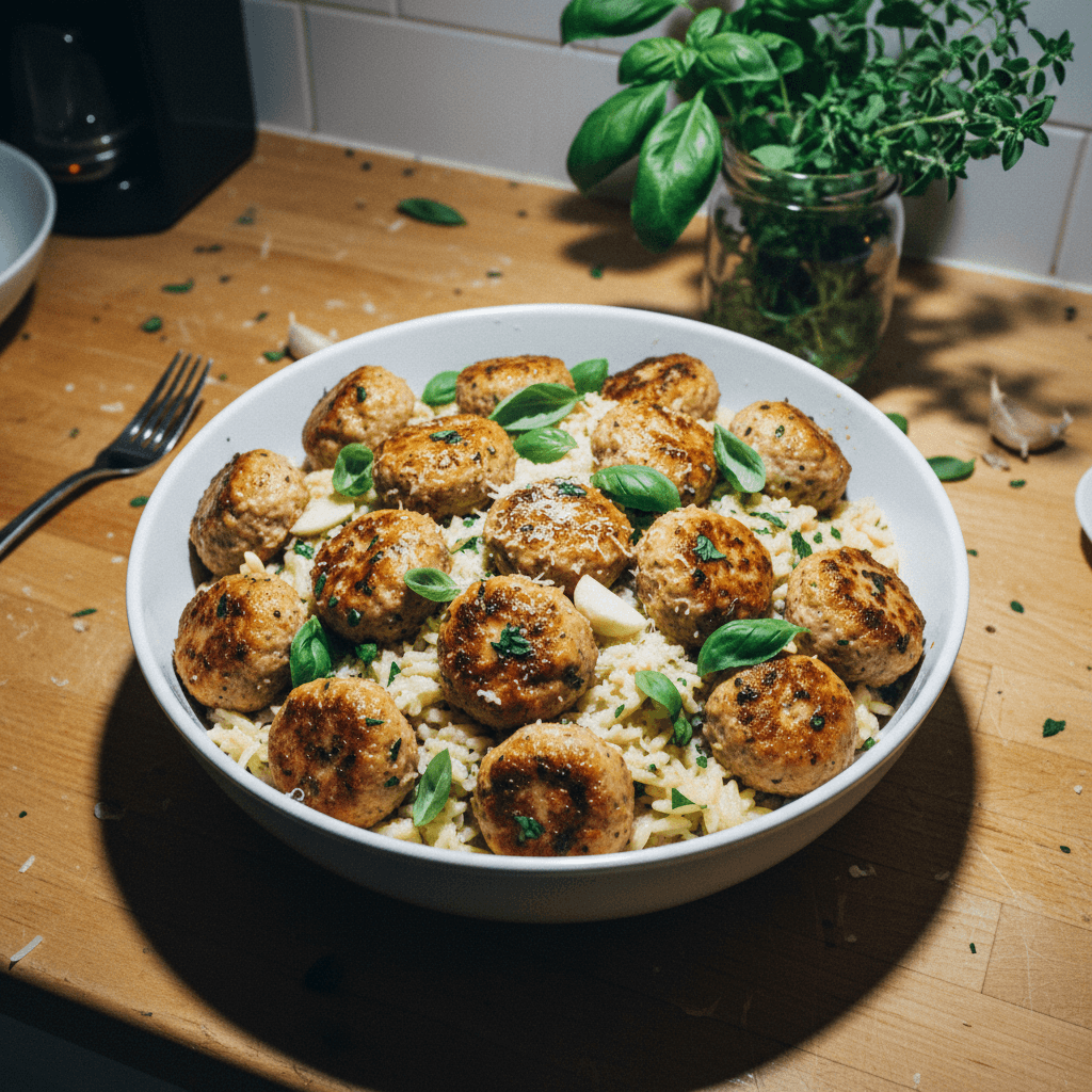 Garlic Parm Chicken Meatballs with Creamy Orzo