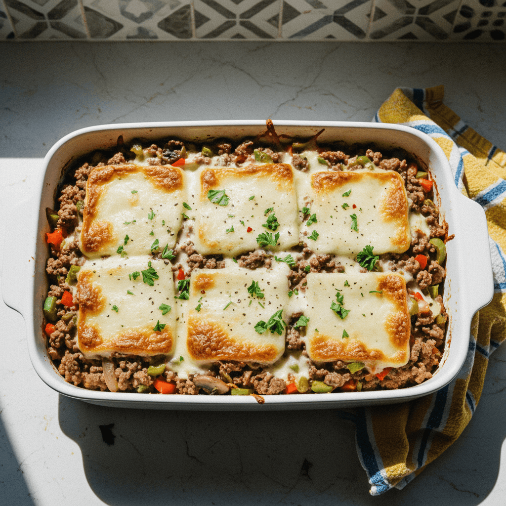 High-Protein Low-Carb Philly Cheesesteak Casserole