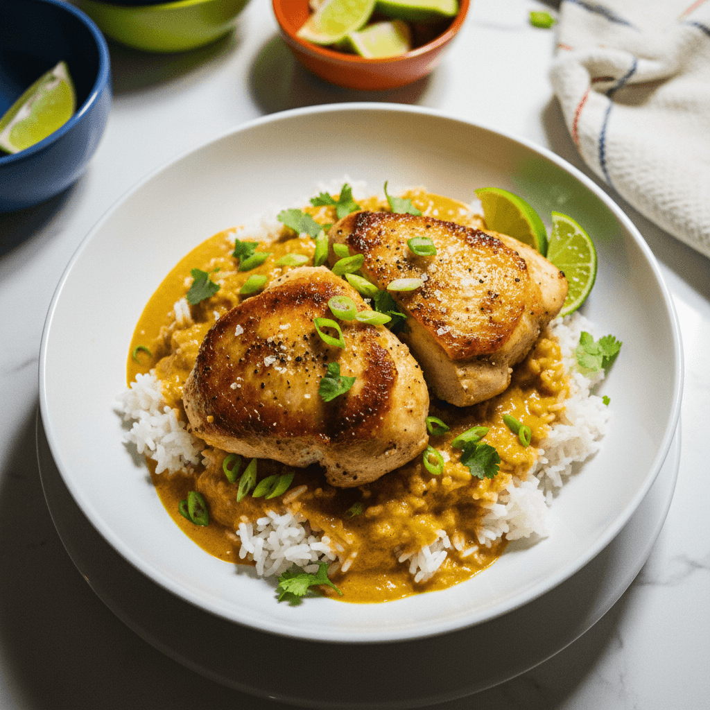 Pan Seared Chicken with Coconut Curry Brothy Rice