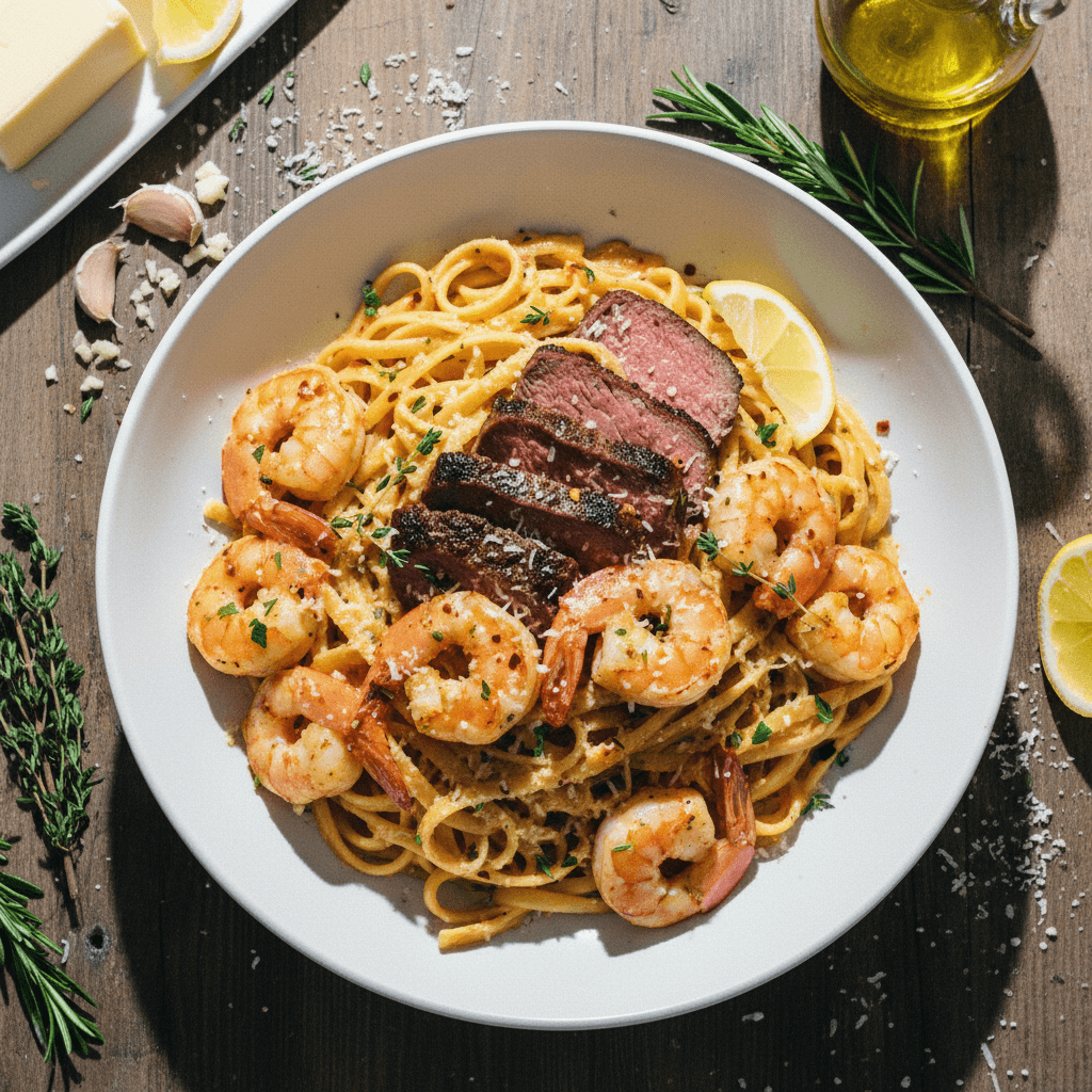 Cowboy Butter Steak & Shrimp Pasta
