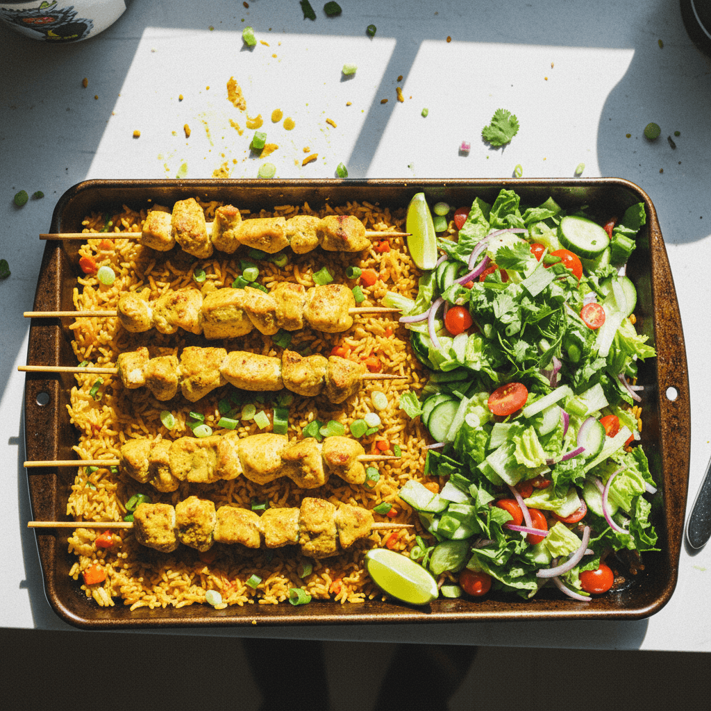 One-Pan Baked Curry Chicken Skewers with Spiced Rice and Fresh Chopped Salad