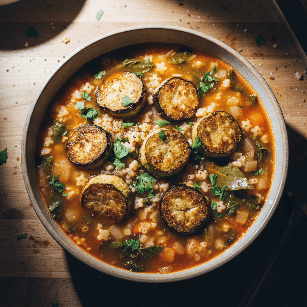 Vegetable Soup with Eggplant and Zucchini Balls