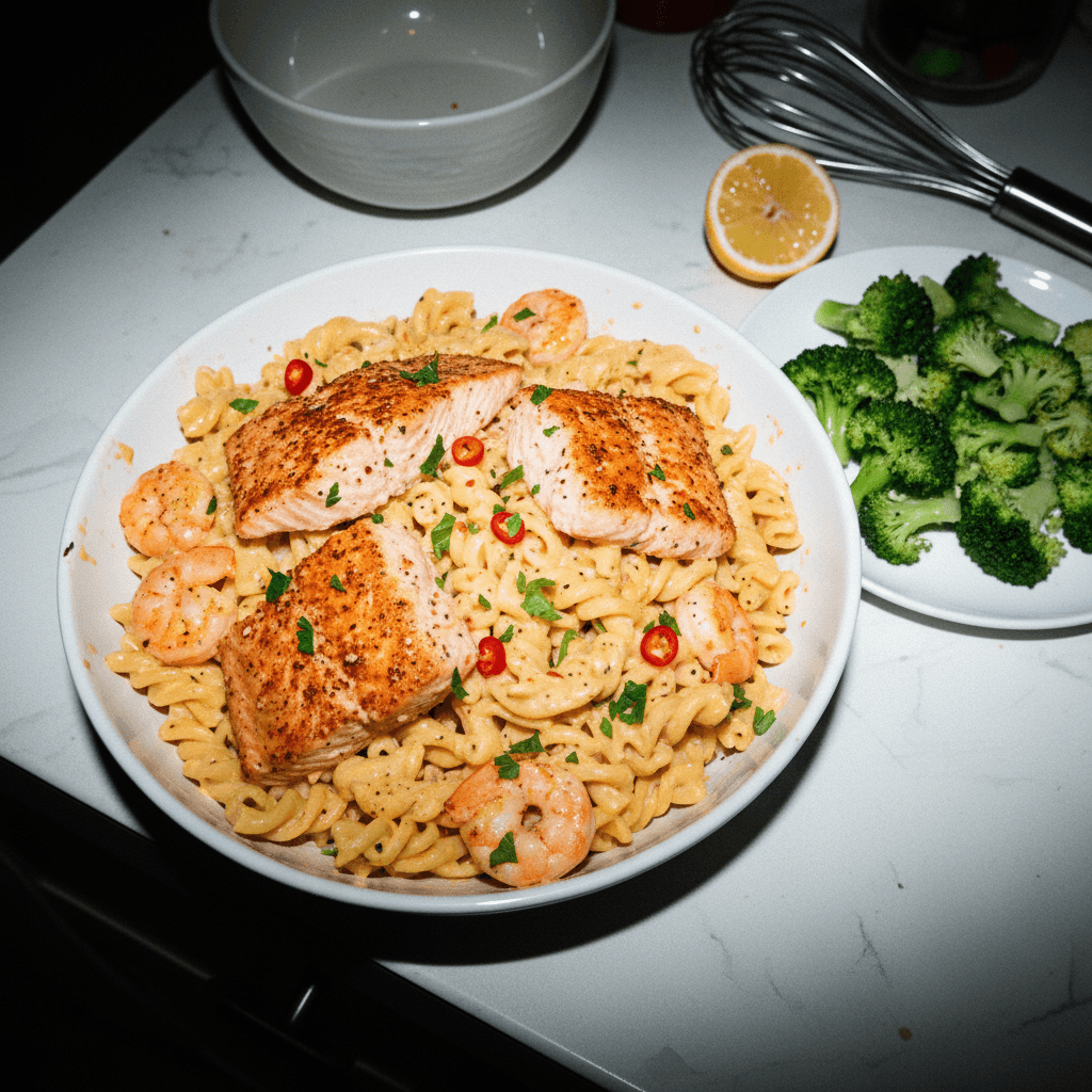Creamy Salmon & Shrimp Pasta with Broccoli