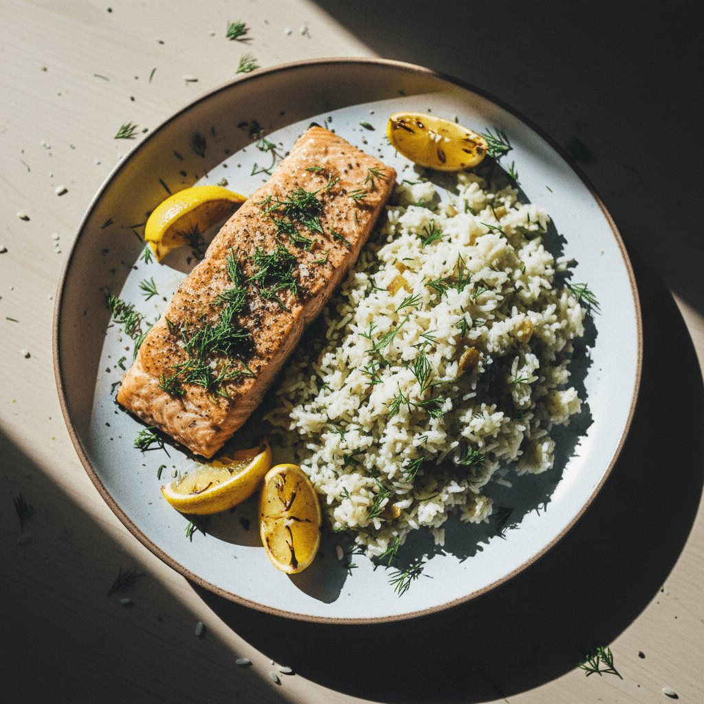Baked Salmon with Dill Rice Pilaf