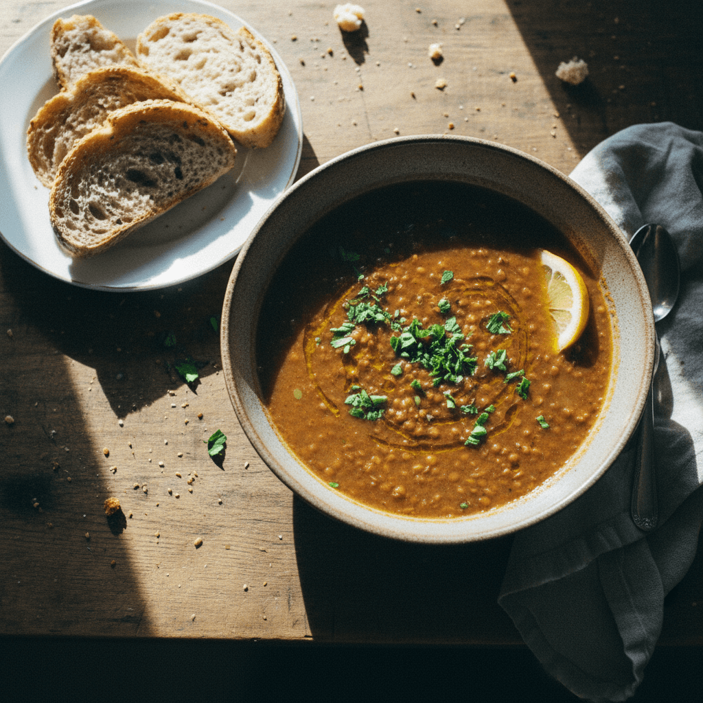 Hearty Lentil Soup with Crusty Whole-Grain Bread