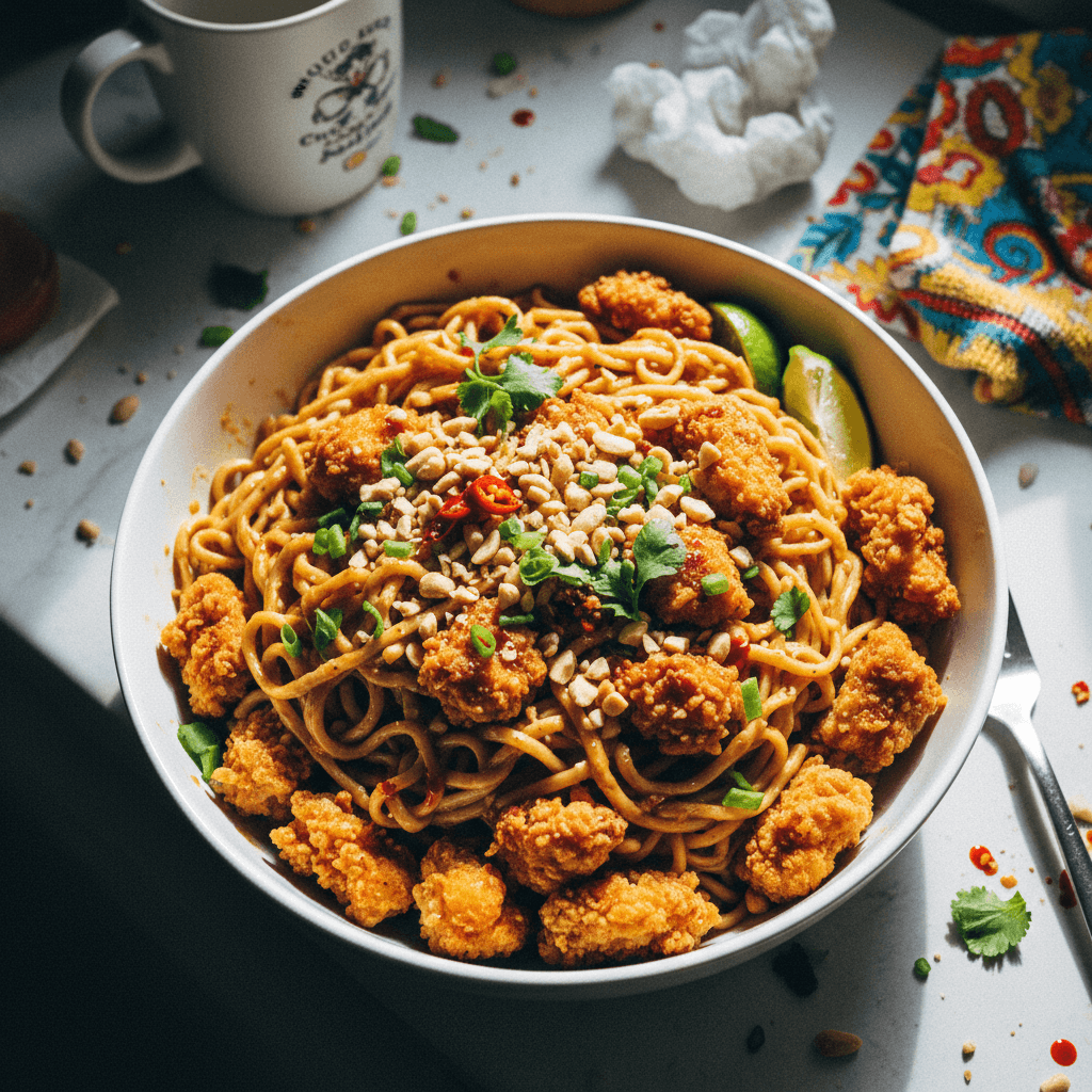 Spicy Peanut Noodles with Crispy Chicken