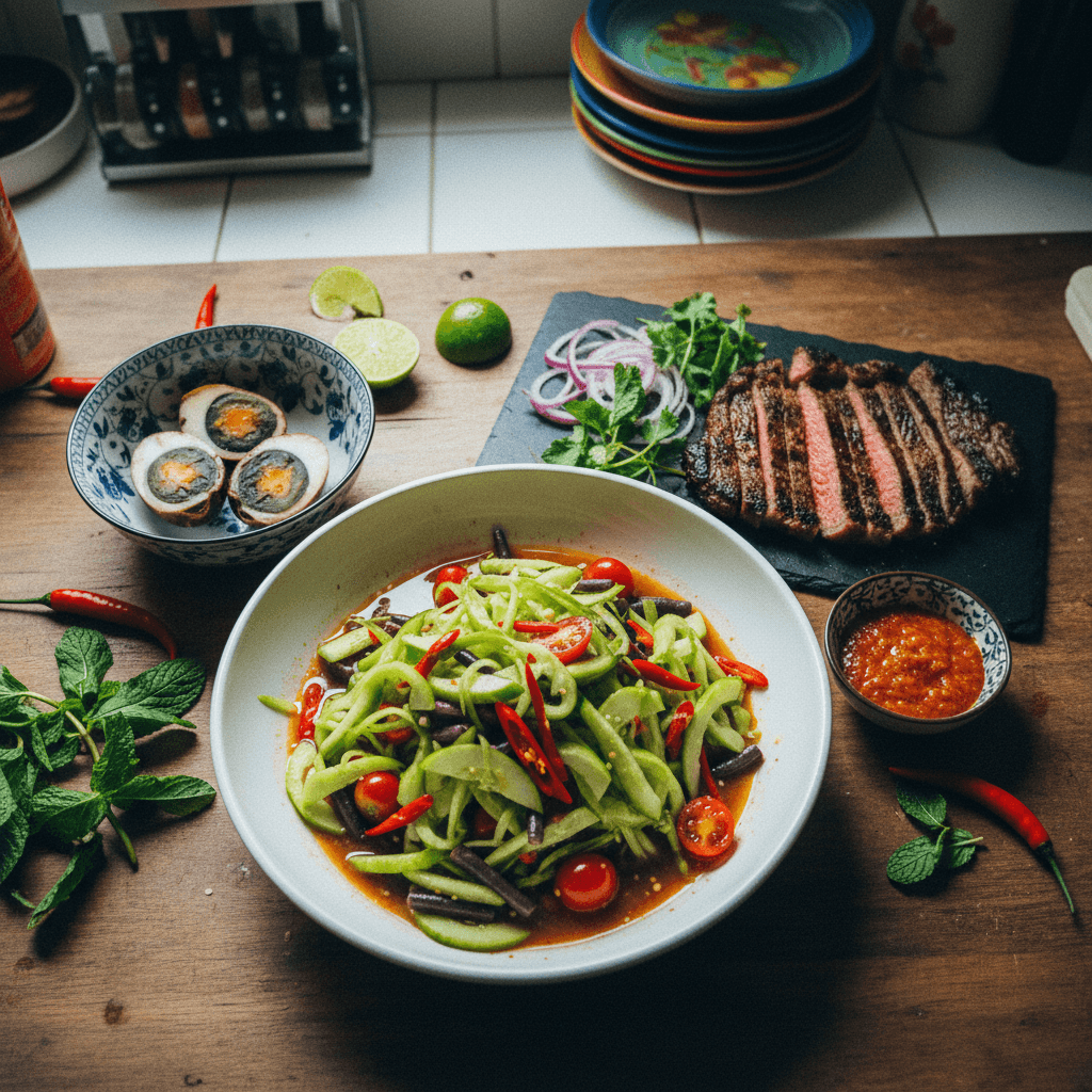 My Lao Lunch (Tum Mak Tang, Steak, Kai Look with Jeow Som)