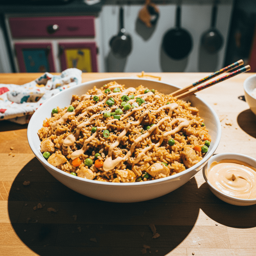 High Protein Slow Cooker Chicken Fried Rice with Yum Yum Sauce