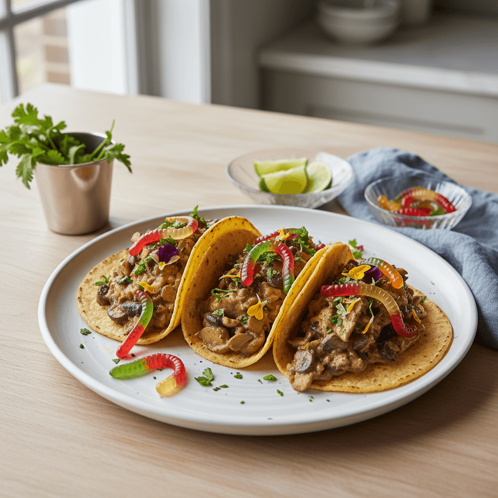 Mushroom Gravy Tacos with Gummy Worm Sprinkles