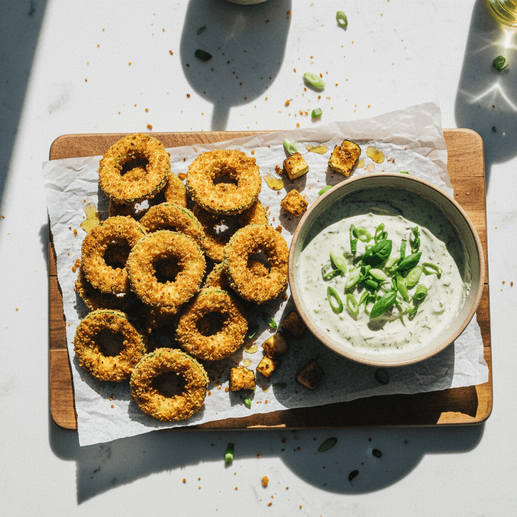 Crispy Parmesan Zucchini Rings with Herbed Roasted Zucchini Tahini Yogurt Dip