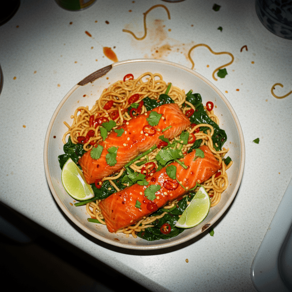 Thai Sweet Chili Salmon with Noodles and Spinach
