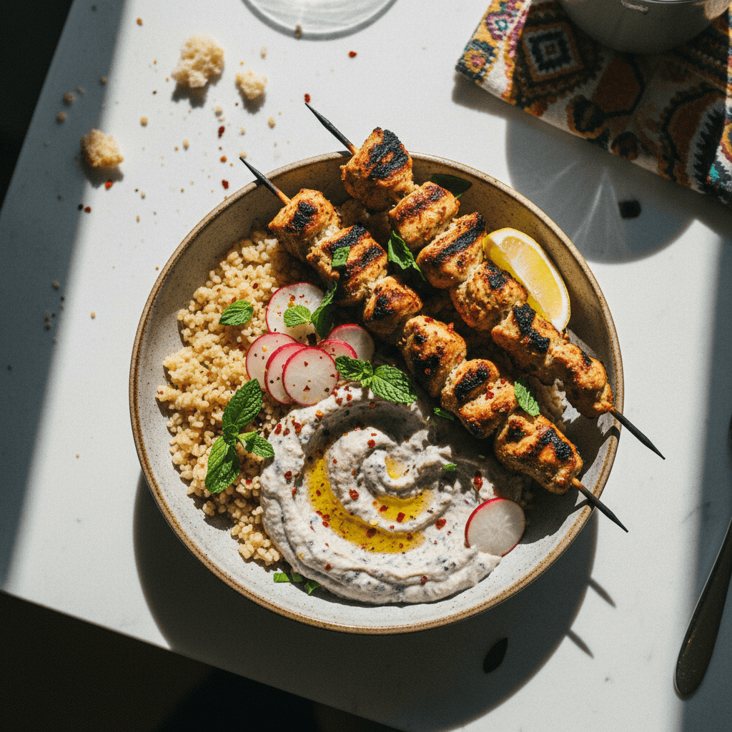 Marinated Charred Chicken and Smoked Eggplant Yogurt Bowl