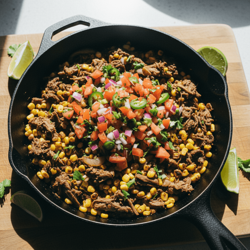 Spicy Corn and Shredded Beef Skillet with Fresh Pico de Gallo