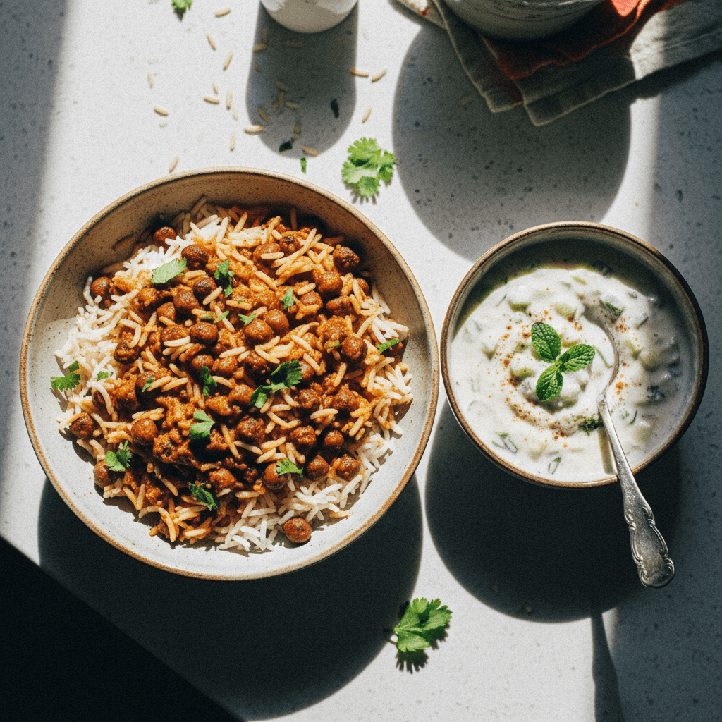 Black Chana Masala Rice with Raita