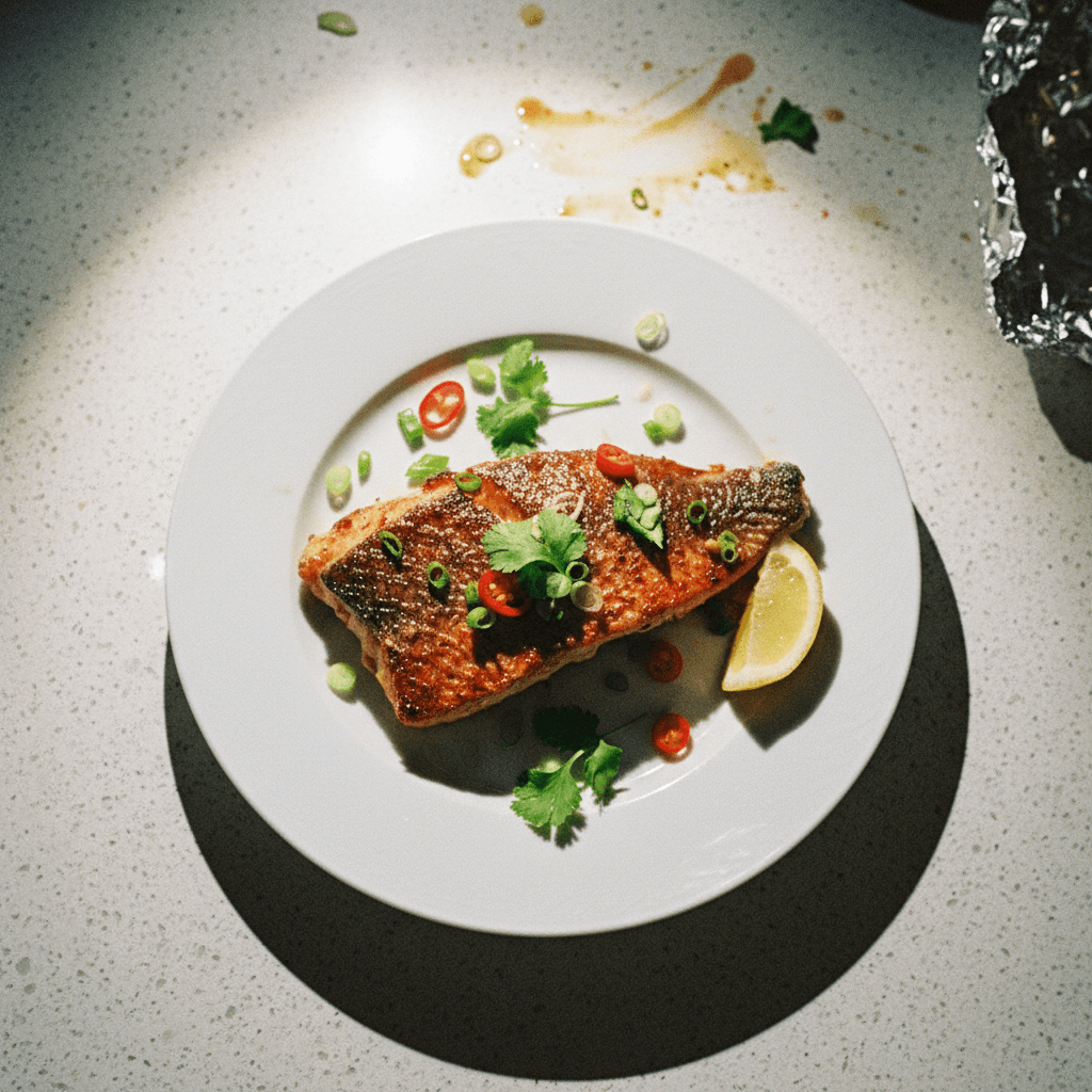 Baked Seabass with Char Siu Glaze and Honey-Lemon Dipping Sauce